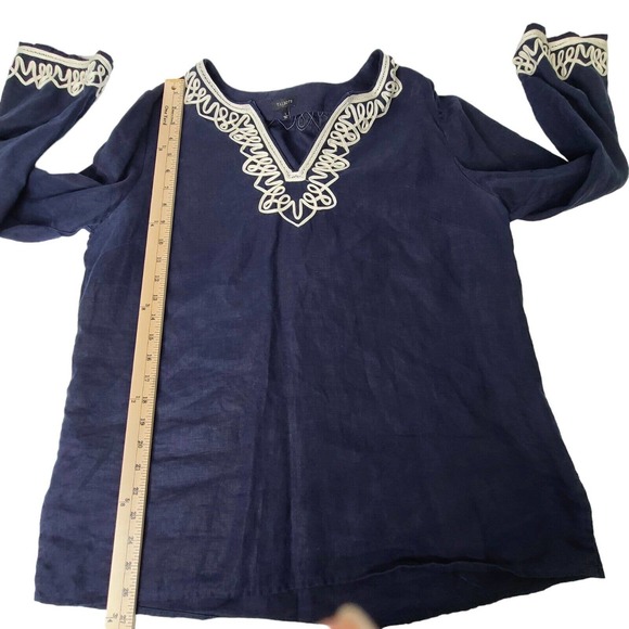 Talbots Women's SZ L 100% Linen Blouse/Top Navy-Blue Embellished Neckline & Cuff - Picture 7 of 11
